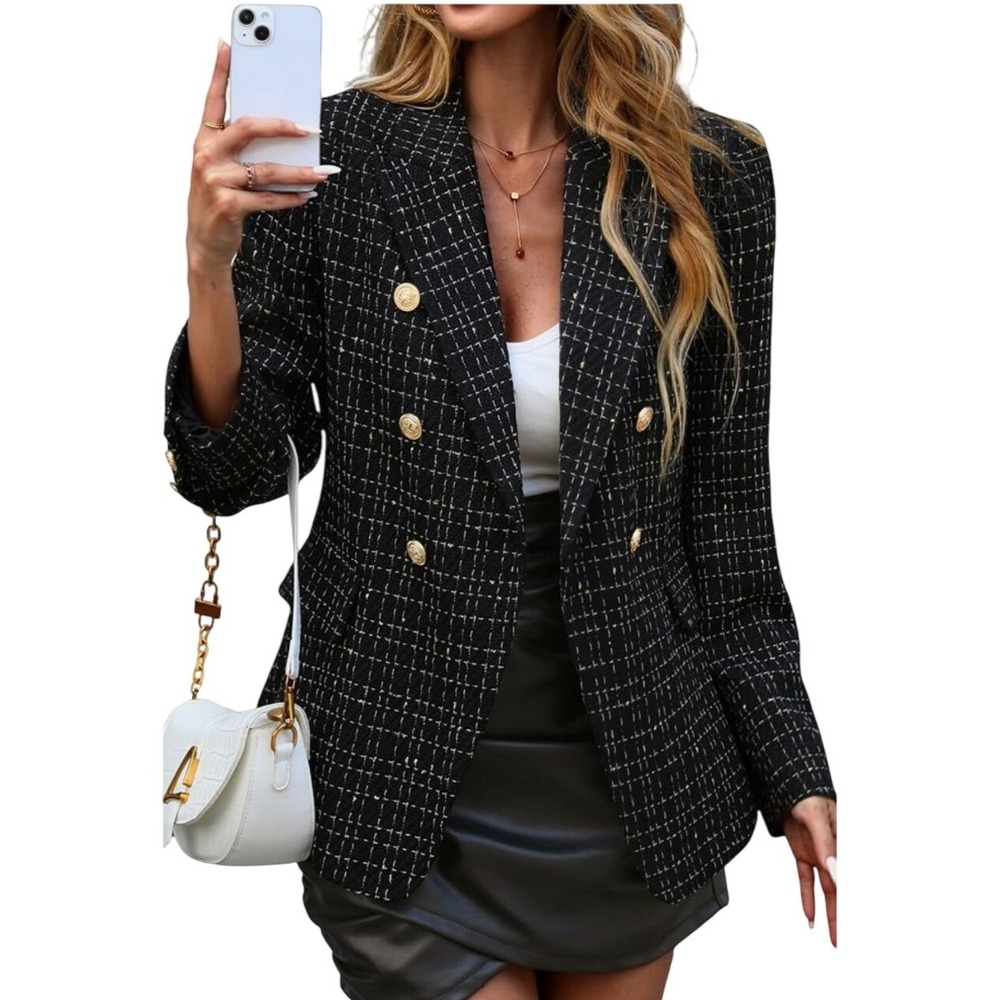 Elleven NWT SZ LGE Black Gold Plaid‎ Double Breasted Blazer Jacket